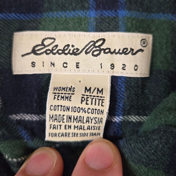 Eddie Bauer Green Navy White Plaid Tartan Flannel Button Down Shirt Size Medium - Picture 3 of 6